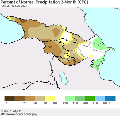 Azerbaijan, Armenia and Georgia Percent of Normal Precipitation 3-Month (CPC) Thematic Map For 10/26/2022 - 1/25/2023