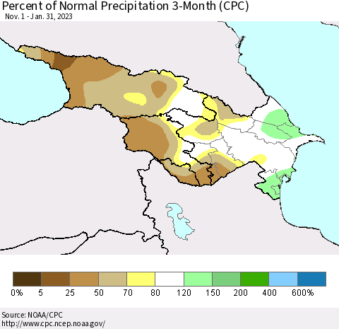 Azerbaijan, Armenia and Georgia Percent of Normal Precipitation 3-Month (CPC) Thematic Map For 11/1/2022 - 1/31/2023