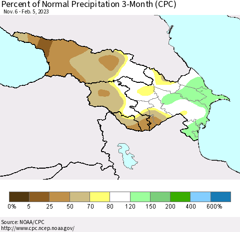 Azerbaijan, Armenia and Georgia Percent of Normal Precipitation 3-Month (CPC) Thematic Map For 11/6/2022 - 2/5/2023