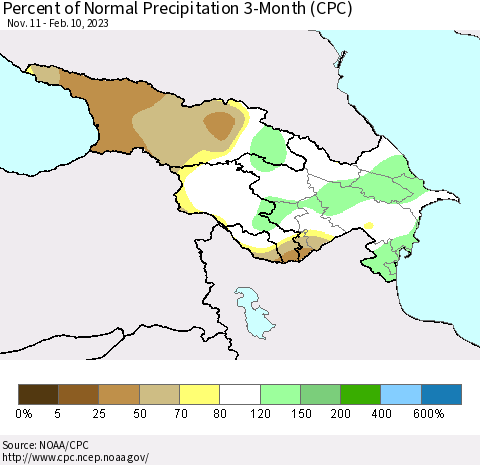 Azerbaijan, Armenia and Georgia Percent of Normal Precipitation 3-Month (CPC) Thematic Map For 11/11/2022 - 2/10/2023