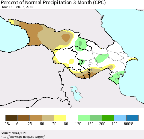 Azerbaijan, Armenia and Georgia Percent of Normal Precipitation 3-Month (CPC) Thematic Map For 11/16/2022 - 2/15/2023