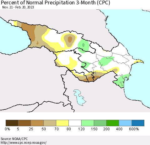 Azerbaijan, Armenia and Georgia Percent of Normal Precipitation 3-Month (CPC) Thematic Map For 11/21/2022 - 2/20/2023