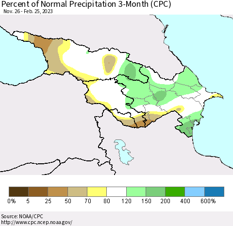 Azerbaijan, Armenia and Georgia Percent of Normal Precipitation 3-Month (CPC) Thematic Map For 11/26/2022 - 2/25/2023