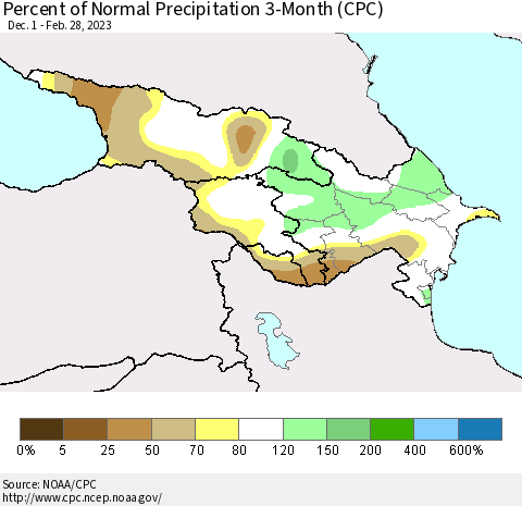 Azerbaijan, Armenia and Georgia Percent of Normal Precipitation 3-Month (CPC) Thematic Map For 12/1/2022 - 2/28/2023