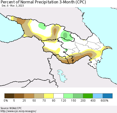 Azerbaijan, Armenia and Georgia Percent of Normal Precipitation 3-Month (CPC) Thematic Map For 12/6/2022 - 3/5/2023