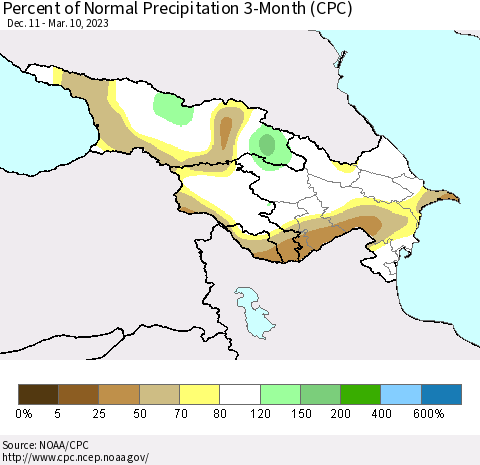 Azerbaijan, Armenia and Georgia Percent of Normal Precipitation 3-Month (CPC) Thematic Map For 12/11/2022 - 3/10/2023
