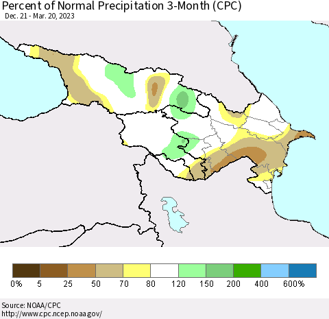 Azerbaijan, Armenia and Georgia Percent of Normal Precipitation 3-Month (CPC) Thematic Map For 12/21/2022 - 3/20/2023