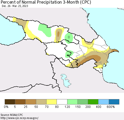 Azerbaijan, Armenia and Georgia Percent of Normal Precipitation 3-Month (CPC) Thematic Map For 12/26/2022 - 3/25/2023