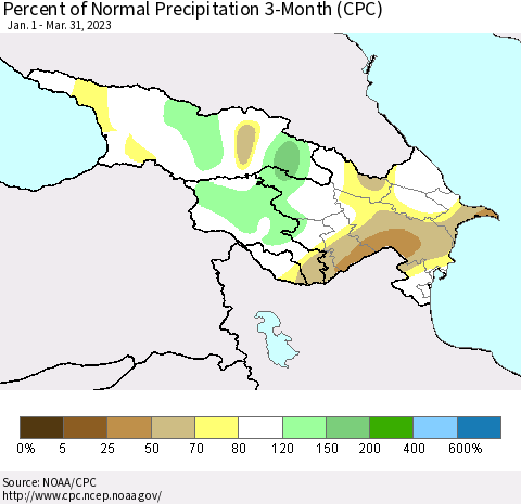 Azerbaijan, Armenia and Georgia Percent of Normal Precipitation 3-Month (CPC) Thematic Map For 1/1/2023 - 3/31/2023