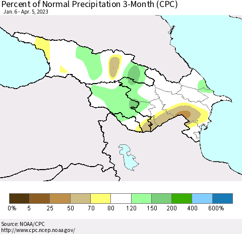 Azerbaijan, Armenia and Georgia Percent of Normal Precipitation 3-Month (CPC) Thematic Map For 1/6/2023 - 4/5/2023