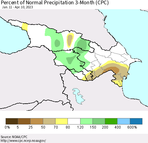 Azerbaijan, Armenia and Georgia Percent of Normal Precipitation 3-Month (CPC) Thematic Map For 1/11/2023 - 4/10/2023