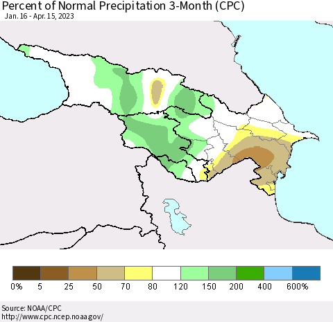 Azerbaijan, Armenia and Georgia Percent of Normal Precipitation 3-Month (CPC) Thematic Map For 1/16/2023 - 4/15/2023