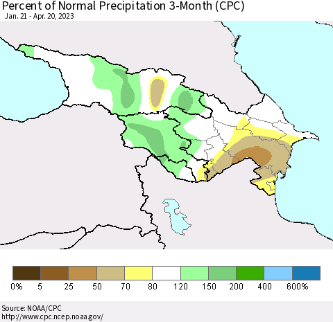 Azerbaijan, Armenia and Georgia Percent of Normal Precipitation 3-Month (CPC) Thematic Map For 1/21/2023 - 4/20/2023