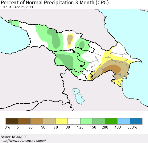 Azerbaijan, Armenia and Georgia Percent of Normal Precipitation 3-Month (CPC) Thematic Map For 1/26/2023 - 4/25/2023