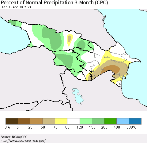 Azerbaijan, Armenia and Georgia Percent of Normal Precipitation 3-Month (CPC) Thematic Map For 2/1/2023 - 4/30/2023