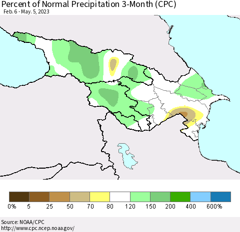 Azerbaijan, Armenia and Georgia Percent of Normal Precipitation 3-Month (CPC) Thematic Map For 2/6/2023 - 5/5/2023