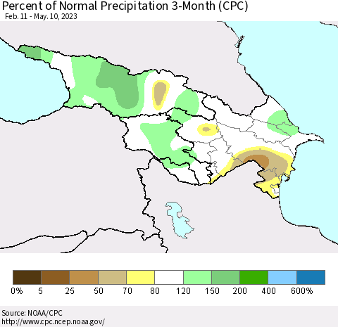 Azerbaijan, Armenia and Georgia Percent of Normal Precipitation 3-Month (CPC) Thematic Map For 2/11/2023 - 5/10/2023