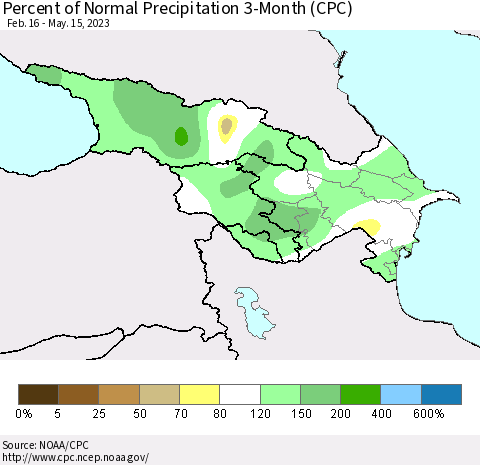 Azerbaijan, Armenia and Georgia Percent of Normal Precipitation 3-Month (CPC) Thematic Map For 2/16/2023 - 5/15/2023