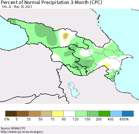 Azerbaijan, Armenia and Georgia Percent of Normal Precipitation 3-Month (CPC) Thematic Map For 2/21/2023 - 5/20/2023