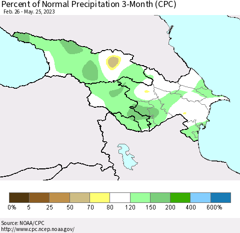Azerbaijan, Armenia and Georgia Percent of Normal Precipitation 3-Month (CPC) Thematic Map For 2/26/2023 - 5/25/2023