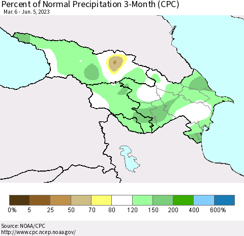 Azerbaijan, Armenia and Georgia Percent of Normal Precipitation 3-Month (CPC) Thematic Map For 3/6/2023 - 6/5/2023