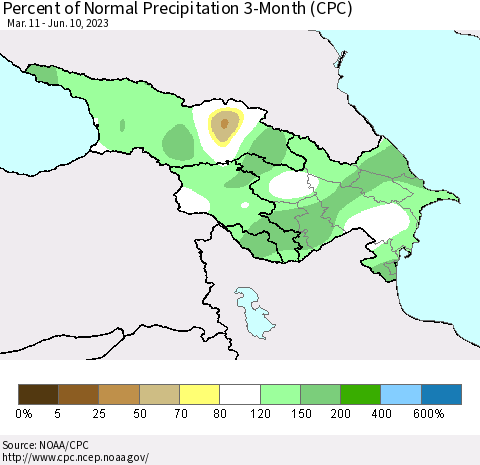 Azerbaijan, Armenia and Georgia Percent of Normal Precipitation 3-Month (CPC) Thematic Map For 3/11/2023 - 6/10/2023