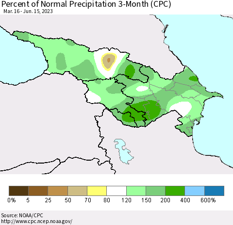 Azerbaijan, Armenia and Georgia Percent of Normal Precipitation 3-Month (CPC) Thematic Map For 3/16/2023 - 6/15/2023