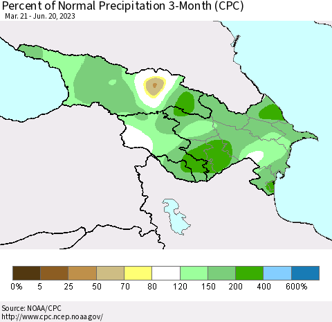 Azerbaijan, Armenia and Georgia Percent of Normal Precipitation 3-Month (CPC) Thematic Map For 3/21/2023 - 6/20/2023