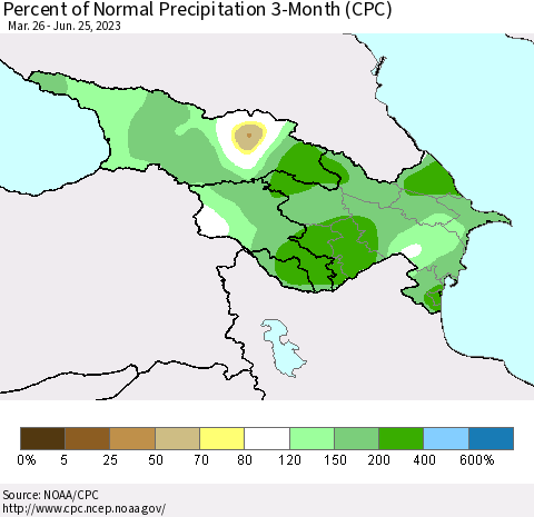 Azerbaijan, Armenia and Georgia Percent of Normal Precipitation 3-Month (CPC) Thematic Map For 3/26/2023 - 6/25/2023