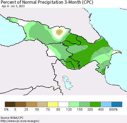 Azerbaijan, Armenia and Georgia Percent of Normal Precipitation 3-Month (CPC) Thematic Map For 4/6/2023 - 7/5/2023