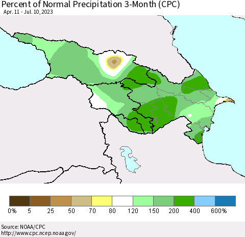 Azerbaijan, Armenia and Georgia Percent of Normal Precipitation 3-Month (CPC) Thematic Map For 4/11/2023 - 7/10/2023