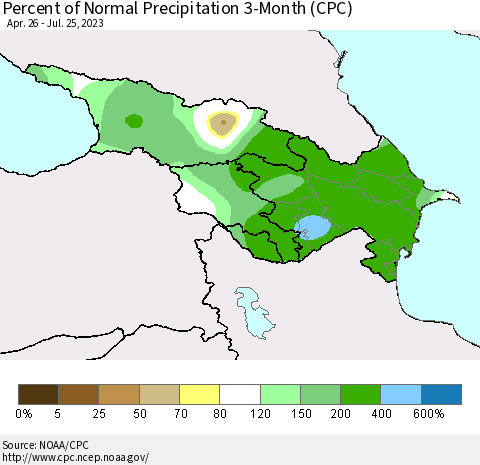 Azerbaijan, Armenia and Georgia Percent of Normal Precipitation 3-Month (CPC) Thematic Map For 4/26/2023 - 7/25/2023