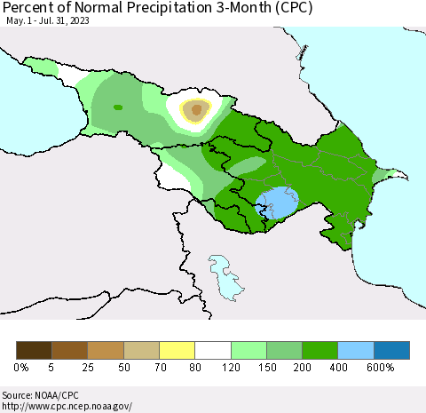 Azerbaijan, Armenia and Georgia Percent of Normal Precipitation 3-Month (CPC) Thematic Map For 5/1/2023 - 7/31/2023