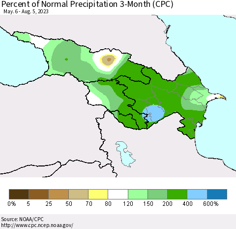 Azerbaijan, Armenia and Georgia Percent of Normal Precipitation 3-Month (CPC) Thematic Map For 5/6/2023 - 8/5/2023