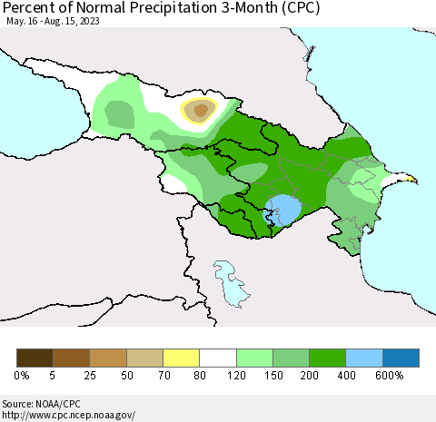 Azerbaijan, Armenia and Georgia Percent of Normal Precipitation 3-Month (CPC) Thematic Map For 5/16/2023 - 8/15/2023