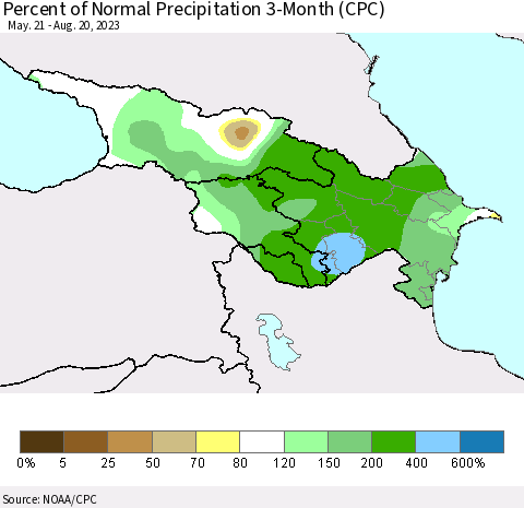 Azerbaijan, Armenia and Georgia Percent of Normal Precipitation 3-Month (CPC) Thematic Map For 5/21/2023 - 8/20/2023