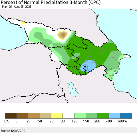 Azerbaijan, Armenia and Georgia Percent of Normal Precipitation 3-Month (CPC) Thematic Map For 5/26/2023 - 8/25/2023