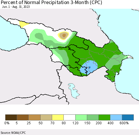 Azerbaijan, Armenia and Georgia Percent of Normal Precipitation 3-Month (CPC) Thematic Map For 6/1/2023 - 8/31/2023