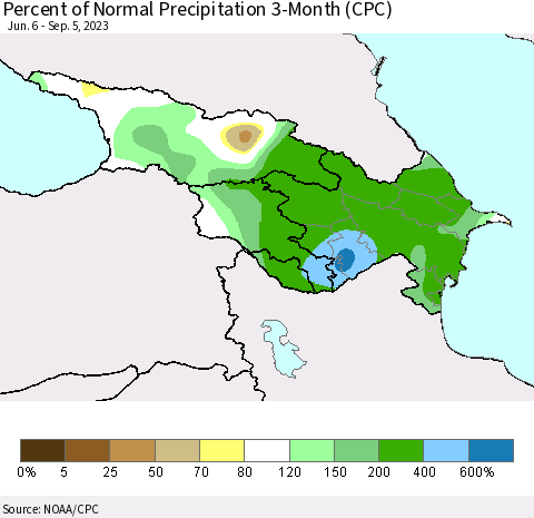 Azerbaijan, Armenia and Georgia Percent of Normal Precipitation 3-Month (CPC) Thematic Map For 6/6/2023 - 9/5/2023