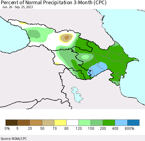 Azerbaijan, Armenia and Georgia Percent of Normal Precipitation 3-Month (CPC) Thematic Map For 6/26/2023 - 9/25/2023