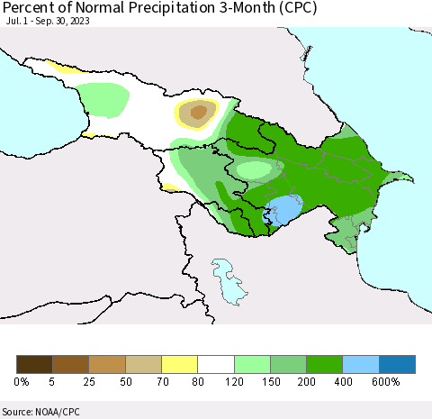 Azerbaijan, Armenia and Georgia Percent of Normal Precipitation 3-Month (CPC) Thematic Map For 7/1/2023 - 9/30/2023