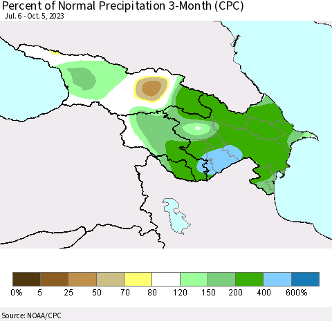 Azerbaijan, Armenia and Georgia Percent of Normal Precipitation 3-Month (CPC) Thematic Map For 7/6/2023 - 10/5/2023