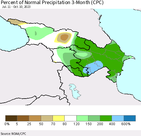 Azerbaijan, Armenia and Georgia Percent of Normal Precipitation 3-Month (CPC) Thematic Map For 7/11/2023 - 10/10/2023