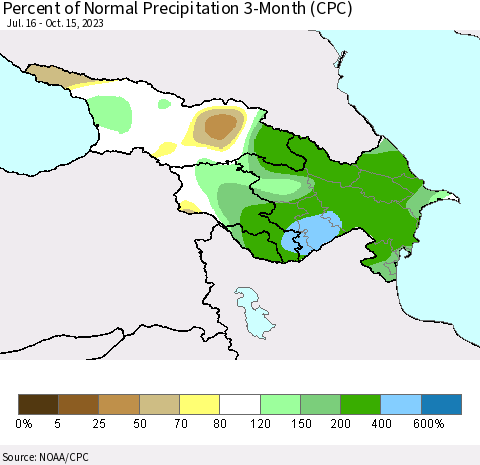 Azerbaijan, Armenia and Georgia Percent of Normal Precipitation 3-Month (CPC) Thematic Map For 7/16/2023 - 10/15/2023