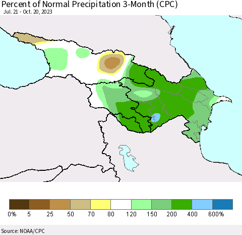 Azerbaijan, Armenia and Georgia Percent of Normal Precipitation 3-Month (CPC) Thematic Map For 7/21/2023 - 10/20/2023