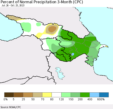 Azerbaijan, Armenia and Georgia Percent of Normal Precipitation 3-Month (CPC) Thematic Map For 7/26/2023 - 10/25/2023
