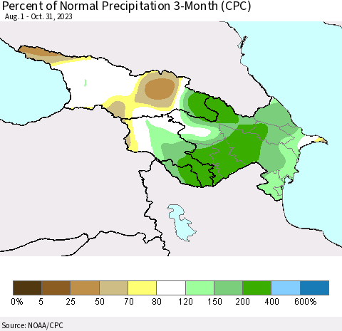 Azerbaijan, Armenia and Georgia Percent of Normal Precipitation 3-Month (CPC) Thematic Map For 8/1/2023 - 10/31/2023