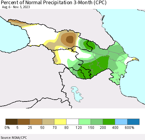 Azerbaijan, Armenia and Georgia Percent of Normal Precipitation 3-Month (CPC) Thematic Map For 8/6/2023 - 11/5/2023