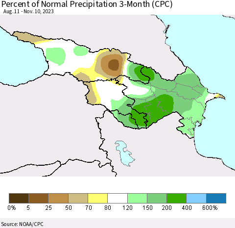 Azerbaijan, Armenia and Georgia Percent of Normal Precipitation 3-Month (CPC) Thematic Map For 8/11/2023 - 11/10/2023