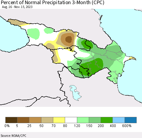 Azerbaijan, Armenia and Georgia Percent of Normal Precipitation 3-Month (CPC) Thematic Map For 8/16/2023 - 11/15/2023